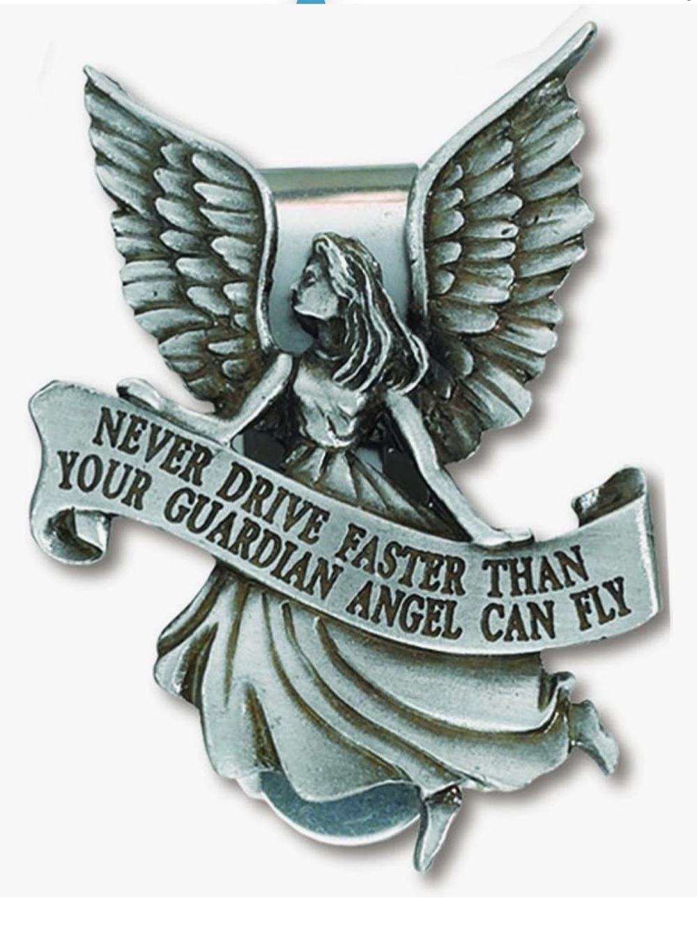 Pewter guardian Angel visor clip with Ribbon Inscription cathedral art